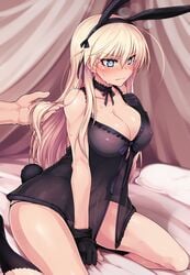 babydoll blonde_hair blue_eyes blush breasts bunny_ears clothing erect_nipples erect_nipples_under_clothes hanna-justina_marseille large_breasts long_hair negligee null_(nyanpyoun) see-through see-through_clothing strike_witches world_witches_series