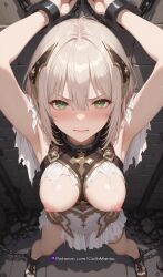 ai_assisted ai_generated arms_up atelier_(series) bondage chained_to_wall embarrassed_expression exposed_breasts frustrated goth_maniac gothmaniac green_eyes medium_breasts medium_hair nipples plachta platinum_blonde_hair restrained restrained_arms restrained_female restrained_legs stone_wall torn_clothes