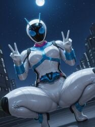 1girls ai_generated bodysuit breasts cameltoe chichiueai female female_focus female_only heroine kamen_rider kamen_rider_fourze_(series) kamen_rider_nadeshiko large_breasts looking_at_viewer nadeshiko_(kamen_rider_fourze) silver_bodysuit spread_legs spreading squatting squatting_female squatting_position thick thick_thighs thighhighs thighs