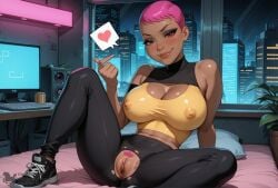 ai_generated batman_(series) batman_beyond beckoning bed bedroom big_ass big_breasts big_butt blush brown_eyes computer creamhorseai curvy curvy_female curvy_figure dark-skinned_male dark_skin dc dc_comics erect_nipples female fit fit_female hearts_around_head high_resolution highres horny horny_female hourglass_figure huge_ass huge_breasts indoors legs_apart legs_spread mature mature_female max_gibson maxine_gibson mommy mommy_kink night open_pants perfect_body pink_hair pink_pubic_hair presenting_pussy seductive seductive_look short_hair solo spoken_heart spread_pussy sweat sweating sweaty sweaty_body thick_thighs voluptuous voluptuous_female