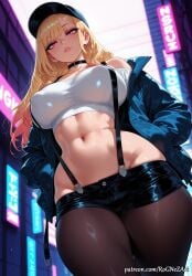 2026 ai_generated anime bangs bare_shoulders black_choker black_headwear black_shorts blonde_hair blue_jacket breasts choker cleavage collarbone covered_nipples crop_top crossover ear_piercing earrings eye_contact female female_focus female_only hands_in_pockets hat highres huge_breasts jacket jewelry kitagawa_marin large_breasts long_hair looking_at_viewer marin midriff navel nsfw off_shoulder open_clothes open_jacket pantyhose patreon piercing pink_eyes rognezart shirt short_shorts shorts solo sono_bisque_doll_wa_koi_wo_suru stomach suspenders thick_thighs thighs very_long_hair white_shirt
