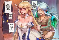 2girls ai_generated amadeus_v antenna_hair archetype_earth arcueid_brunestud bare_shoulders blonde_hair blush braid breasts bulge cleavage clothed clothing colored_inner_hair cropped_jacket detached_collar detached_sleeves dialogue dickgirl dress duo english_text erection fate/grand_order fate_(series) futanari green_eyes green_hair hair jacket kukulkan_(fate) large_breasts long_hair long_sleeves multicolored_hair multiple_girls open_mouth patreon_username red_eyes sharp_teeth shorts smile speech_bubble strapless strapless_dress tagme teeth text tsukihime very_long_hair white_dress