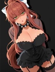 1girls ai_generated arms_behind_back big_ass black_background bow breasts brown_hair cleavage collarbone doki_doki_literature_club eyebrows_visible_through_hair fishnet_legwear fishnets garter_straps green_eyes large_breasts long_hair looking_at_viewer monika_(doki_doki_literature_club) ponytail solo thighhighs very_long_hair