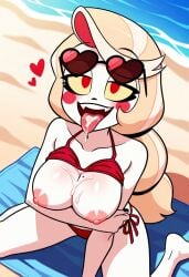 beach beach_background beach_towel bikini bikini_top bikini_top_lift bra_lift charlie_morningstar charlie_morningstar_(hazbin_hotel) cum cum_in_mouth cum_on_breasts cum_on_face hazbin_hotel red_bikini vivienne_medrano vivziepop wariza