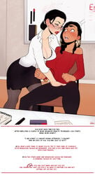 2girls black_hair blue_eyes blush bra_cups_sticking_out bracelet breasts busty cleavage dark_skin earrings eyeliner female fingering glasses hair_bun hand_down_pants hand_in_pants hoop_earrings incase large_breasts lipstick long_hair makeup orange_eyes shirt sitting sweater teacher teacher_and_student text voluptuous yuri