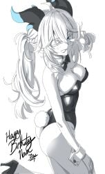 ;p ahoge animal_ears ass black_and_white blue_eyes blue_horns blush bow bowtie braid breasts bunnysuit butt character_name cleavage corrupted_twitter_file detached_collar dragon dragon_girl female female_only happy_birthday high_heels highres horns indie_virtual_youtuber leotard long_hair monochrome mr_bowater necklace nova_aokami one_eye_closed rabbit_ears rabbit_tail second-party_source seductive shoes solo spot_color strapless strapless_leotard tail thighs tongue tongue_out virtual_youtuber vreverie wrist_cuffs yu-gi-oh! yu-gi-oh!_master_duel