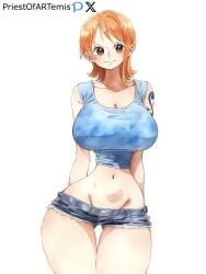 1girls ai_generated bare_arms big_breasts brown_eyes clothing curvy_figure female female_only huge_breasts lowleg nami nami_(one_piece) narrow_waist one_piece orange_hair pre-timeskip priestofart short_hair shorts smile standing tagme tagme_(artist) tagme_(character) tattoo tattoo_on_arm thick_thighs thin_waist