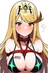 ai_generated barcode barcode_tattoo blonde_hair bondage bound collar leash leash_and_collar leash_pull mythra pout pouting sweat sweatdrop swimsuit tiques xenoblade_(series) xenoblade_chronicles_2