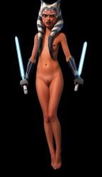 ahsoka_tano belly_button blue_lightsaber breasts dual_wielding full_frontal_nudity lightsabers nipples nude nude_female star_wars star_wars:_the_clone_wars togruta vulva