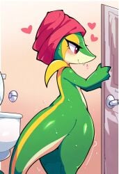 ai_generated anthro ass bathroom blush bodily_fluids eyelashes female generation_5_pokemon green_body heart hellsonger hi_res narrowed_eyes nintendo nude pokemon pokemon_(species) red_eyes reptile scalie shower sink smile snivy solo standing sweat towel