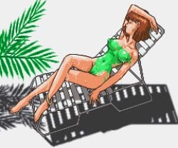 beach bodypaint breasts brown_hair earrings female female_only kaori_(super_real_mahjong) leg_bracelet naked nipples nude pixel_art saiwai_hiroshi short_hair summer sunbathing super_real_mahjong super_real_mahjong_p4 sweating vagina