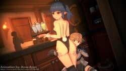 1boy 1girls 3d animated anna_anon ass back_view blue_hair bunnysuit koikatsu leggings_down legwear_down no_sex red_eyes sana_(anna_anon) shoulders slime_fighter_(anna_anon) tagme thighs video