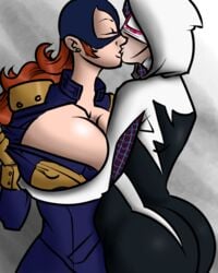 ass barbara_gordon batgirl breasts cleavage crossover dc death_battle edge_of_spider-verse female ghost-spider gwen_stacy kissing large_breasts marvel marvel_comics red_hair spider-gwen spider-man_(series) yuri