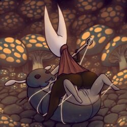 absurd_res anthro ass big_butt black_body bound bretta_(hollow_knight) digital_media_(artwork) duo female female/female feral fungus genitals gmad grey_body hi_res hollow_knight hornet_(hollow_knight) lying mushroom on_back pussy straddling team_cherry