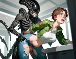 ai_generated alien alien_(franchise) artificial_intelligence belly belly_bulge brown_hair female male_xenomorph nsfw penis_insertion rebecca_chambers resident_evil sex shocked_expression stomach_bulge veltro01 xenomorph