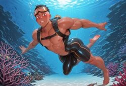 1boy abs ai_generated arms_spread big_bulge black_eyes black_hair blush blush bubbles bulge civitai coral dark-skinned_male dark_skin diving diving_gear erect_penis erection erection_under_clothes feet feet_up fish legs_behind_back looking_down looking_embarrased muscles muscular muscular_male original original_character pecs plump plump_ass short_hair swimming swimming_goggles swimming_trunks swimsuit swimwear underwater underwater_view