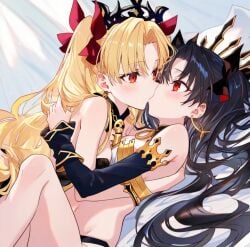 ai_generated black_hair blonde_hair ereshkigal_(fate) fate_(series) incest ishtar_(fate) kissing partially_clothed red_eyes sisters yuri