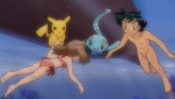 1boy 1girls ash_ketchum ass bikini black_hair brown_hair completely_nude creatures_(company) game_freak haruka_(pokemon) manaphy may_(pokemon) navel nintendo nude nude_filter penis photoshop pikachu pokemon satoshi_(pokemon) screenshot_edit small_penis swimming swimsuit underwater water