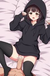 ai_generated flanofart hood hoodie hoodie_only menhera_chan_(nanase_kurumi) menhera_shoujo_kurumi-chan missionary_position sex