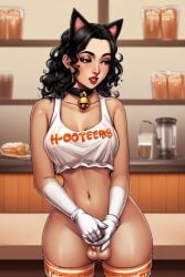 1futa ai_generated bell_collar cat_ears cat_tail catgirl collar cum cum_in_container cum_in_cup cup curly_hair femboy femboy_hooters foot_play hooters hooters_uniform masturbation milk precum public public_nudity tagme tan_body tank_top thigh_socks thighhighs