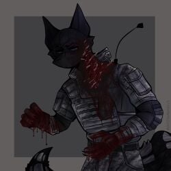 1:1 anthro army blood blood_on_hand bodily_fluids callofduty canid canine clothing cod extreme_gore gore goretober guro half-length_portrait hi_res male male_only mammal military military_uniform shrapnel soldier solo uniform warrior