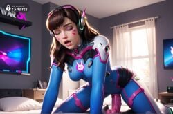 1girls ai_generated all_fours bed bedroom blizzard_entertainment blue_bodysuit bodysuit breasts brown_hair closed_eyes curtains d.va d.va_(overwatch) dildo dildo_riding facial_mark female_masturbation headphones hi_res huge_dildo indoors lips long_hair makeup masturbation medium_breasts nose on_bed open_mouth overwatch overwatch_2 pillow pilot_suit pink_lips r34arts sex_toy skin_tight solo swept_bangs vaginal_penetration watermark whisker_markings window