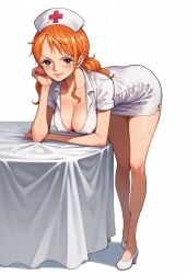 ai_generated alluring almost_naked almost_nude ass big big_breasts blush breasts brown_eyes long_hair looking_at_viewer nami nami_(one_piece) one_piece orange_hair seductive_pose sexy_nurse swimsuit white_clothes z4zt3l4 zaztela