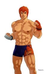 10s 1boy 2012 abs bara belly_button brown_eyes bulge buriki_one fingerless_gloves gai_tendo ginger hydaria king_of_fighters male male_only muscular muscular_male nipples orange_hair shorts simple_background snk solo tagme video_games white_background