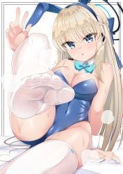 big_breasts blonde_hair blue_archive bunny_suit feet feet_towards_viewer foot_fetish foot_focus latex_clothing monkey_kusai one_leg_up steam steamy_feet stockings swimsuit v v_sign white_legwear white_stockings