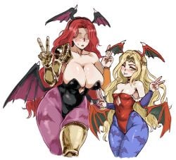 1boy 1girls armwear big_breasts blonde_hair blush bocchichona breasts bridal_gauntlets capcom cleavage cosplay darkstalkers double_peace_sign elden_ring female femboy hair headwear hips huge_breasts leggings lilith_aensland_(cosplay) long_hair malenia_blade_of_miquella miquella morrigan_aensland_(cosplay) one_eye_closed prosthetic_arm red_hair tongue tongue_out wide_hips wings wings_on_head wink yellow_eyes