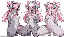1girl ai_generated blush breasts colored_sclera colored_skin completely_nude decurse diancie erection futanari grabbing_own_breast grey_skin maid_headdress medium_breasts multiple_views navel newhalf nipples nude one_eye_closed open_mouth penis pink_hair pointy_ears pokemon pokemon_(creature) red_eyes simple_background squatting sweat testicles tongue tongue_out uncensored white_background