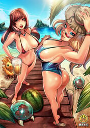 2girls alcohol alternate_breast_size ass bangs bare_shoulders barefoot beach beer belly big_ass big_breasts bikini blonde_hair blue_eyes breasts brown_eyes brown_hair bubble_butt chocobo cleavage covered_nipples crossover dat_ass drink erect_nipples feet female final_fantasy final_fantasy_vii food fruit glasses hat hips hourglass_figure huge_ass huge_breasts jewelry large_breasts legs lips long_hair looking_over_eyewear looking_over_glasses melon metroid metroid_(creature) mole multiple_girls navel necklace nintendo nipples offscreen_character open_toe_shoes ponytail red-tinted_eyewear reiq samus_aran sand sandals soles standing straw_hat sunglasses swimsuit tied_hair tifa_lockhart tinted_eyewear water watermelon