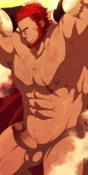 balls bara beard boner erection facial_hair fate/grand_order fate_(series) gafou01 hands_behind_head iskandar_(fate) male male_only muscles muscular nude penis red_hair solo solo_male