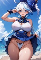 1girls ai_generated artist_name breasts female furina_(genshin_impact) genshin_impact high_resolution highres lifted_by_self panties skirt_lift stable_diffusion thick_thighs waifuscans418 watermark wide_hips