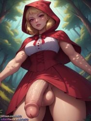 1futa 1futanari ai_generated balls blonde_female blonde_futa blonde_hair blonde_hair blonde_hair_female cock dress from_below futa_focus futa_only futa_sans_pussy futanari hood hood_up little_red_riding_hood osirix penis red_eyes self_upload stable_diffusion taker_pov testicles