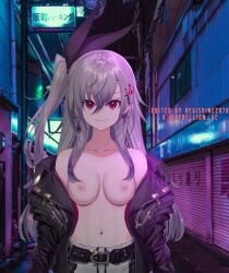 alley first_porn_of_character flowglow grey_hair hololive hololive_dev_is isaki_riona looking_at_viewer nude_edit red_eyes regisvine2078 smiling tagme text topless twitter_username watermark