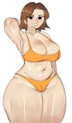 1girls big_breasts black_eyes bra breasts brown_hair huge_thighs mii_gunner mii_gunner_(smash_4) nintendo panties sandtraps short_hair smile super_smash_bros. thick thick_thighs