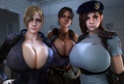 3d 3girls african african_female alternate_breast_size alternate_hair_color alternate_hairstyle alternate_self asymmetrical_hair beret big_breasts blonde_hair bodysuit breasts breasts_bigger_than_head brown_eyes brown_hair capcom cleavage clothed clothed_female dark_skinned_female female female_only future_self gigantic_breasts hair_over_one_eye hat high_resolution highres hourglass_figure huge_breasts human human_female human_only jill_valentine jill_valentine_(blonde) jill_valentine_(julia_voth) large_breasts light-skinned_female looking_at_viewer multiple_females multiple_girls open_bodysuit open_clothes pants past_and_present past_meets_present past_self ponytail resident_evil resident_evil_3 resident_evil_5 sheva_alomar shirt slim_waist tactical_gear top_heavy unzipped unzipped_bodysuit upper_body vaako