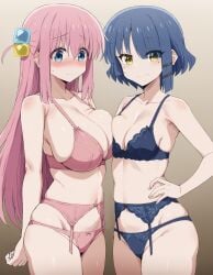 2girls ai_generated asymmetrical_docking blue_eyes blue_hair blue_lingerie bocchi_the_rock! breasts goonedoutp3rv gotou_hitori hair_ornament hand_on_hip huge_breasts lingerie long_hair looking_at_viewer looking_away medium_breasts pink_hair pink_lingerie short_hair smirk yamada_ryou yellow_eyes