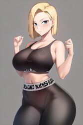 ai_generated android_18 blacked blacked_clothing blonde_hair blue_eyes cuckold dark-skinned_male dragon_ball dragon_ball_super dragon_ball_z huge_breasts interracial netorare ntr queen_of_spades raceplay sports_bra sportswear tattoo