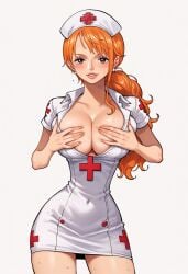 ai_generated alluring almost_naked almost_nude ass big big_breasts blush breasts brown_eyes long_hair looking_at_viewer nami nami_(one_piece) one_piece orange_hair seductive_pose sexy_nurse swimsuit white_clothes z4zt3l4 zaztela