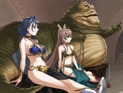 big_breasts blue_hair boots brown_hair cahryos chain_leash chains earrings flat_belly half-dressed holding_chain hololive hololive_english hololive_english_-council- hololive_english_-promise- jabba's_palace jabba_the_hutt long_hair long_legs nanashi_mumei ouro_kronii scantily_clad slave_bikini slave_collar slave_leia_(cosplay) slave_outfit slavegirl smiling star_wars