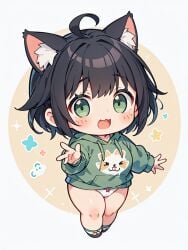 black_hair cat_ears catgirl chibi cute green_eyes green_hoodie kawaii neko neko_girl nekomimi original original_art original_artwork original_character short_hair white_panties white_skin