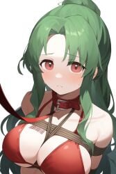 ai_generated barcode barcode_tattoo blush blush bondage collar elincia_ridell_crimea fire_emblem green_hair leash leash_and_collar leashed_collar swimsuit tied_up tiques