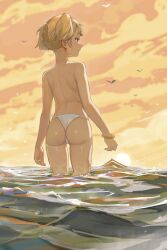 back back_view barely_clothed blonde_hair bracelet character_request earrings evening facing_away looking_away looking_pleasured morning ocean panties panties_only pleasure_face red_earrings revealing_clothes sea seaside smaller_female smile standing standing_in_water string_panties sun sunlight sunrise sunset topless twintails water wave yugen99