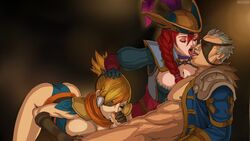 2girls assisted_fellatio bilgewater_series captain_fortune corsair_quinn eye_patch fellatio female garen_crownguard league_of_legends male miss_fortune multiple_girls nesoun oral penis quinn rogue_admiral_garen teamwork threesome tongue