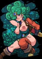 1girls 2024 breasts breasts_out digital_media_(artwork) dragon_quest dragon_quest_iv female female_only green_hair hair_over_one_eye heroine_(dq4) one_eye_covered partially_clothed peenortacus purple_eyes solo solo_female squatting