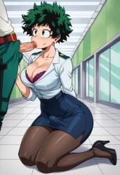 1boy abdomen ai_generated alone angle at big boku_no_hero_academia bust cock cum erection eyes face female_deku futarari green hair huge izuku_midoriya legs looking low male my_hero_academia nudity oral penis sex shy sitting spiky uncensored view viewer