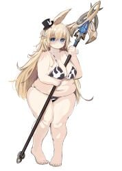 animal_print barefoot bikini black_hat black_sclera blonde_hair blue_eyes breasts colored_sclera cow_print cow_print_bikini fat female full_body grimms_echoes hat holding holding_staff holding_weapon huge_breasts inaba_empire_178 long_hair navel obese print_bikini solo staff swimsuit top_hat void_white_rabbit_(grimms_echoes) weapon weight_gain white_background