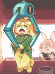 animal_crossing anthro baito blonde_hair bloody_nose blush canine female fur hair isabelle_(animal_crossing) mammal nintendo nintendo_badge_arcade nousen pussy solo video_games yellow_fur